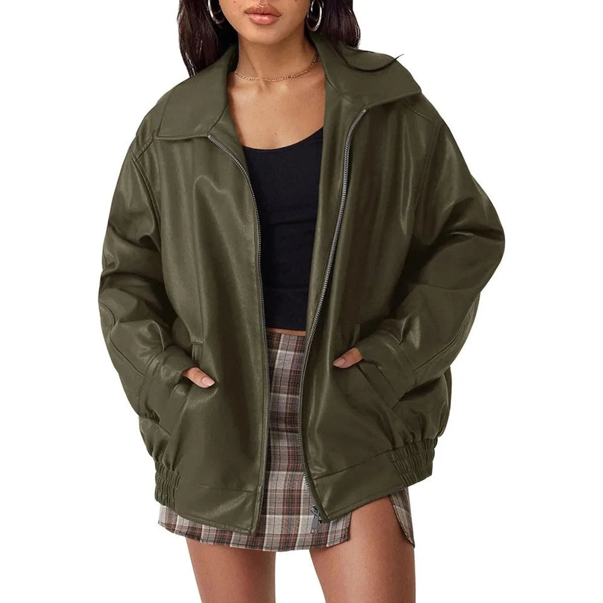 Women's Oversized Leather Bomber in dark brown – The Ysoline front view 2