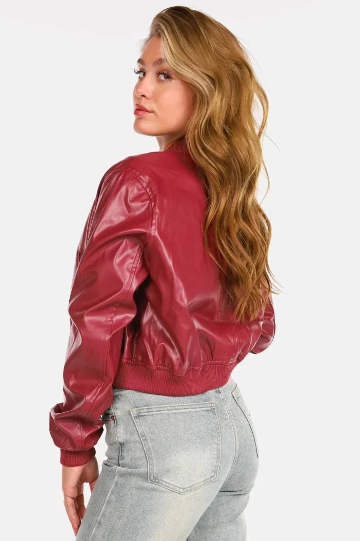 Women's Ribbed Leather Bomber in red – The Miravelle back view 1