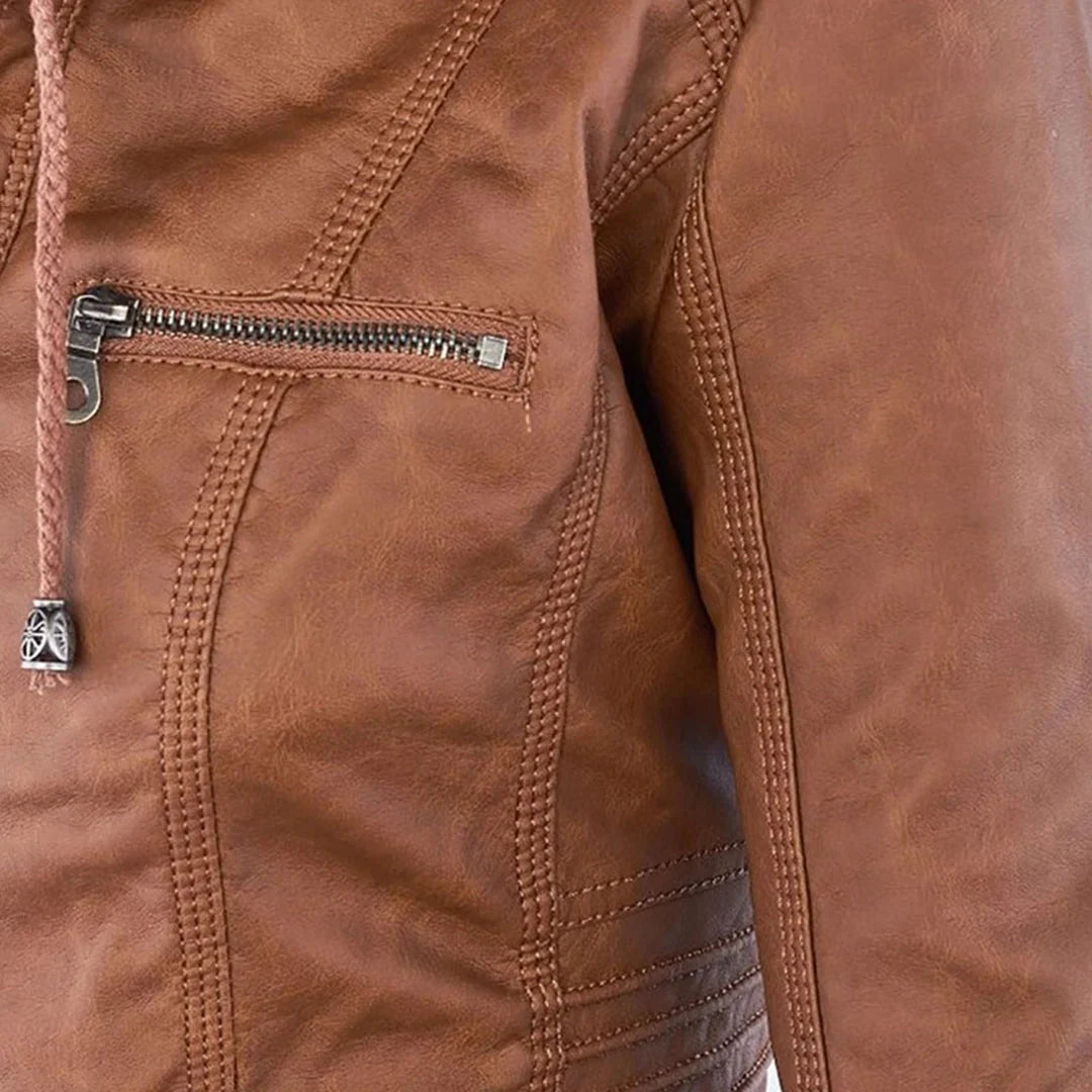 Women's Hooded Leather Jacket in camel – The Rosavie close-up 2