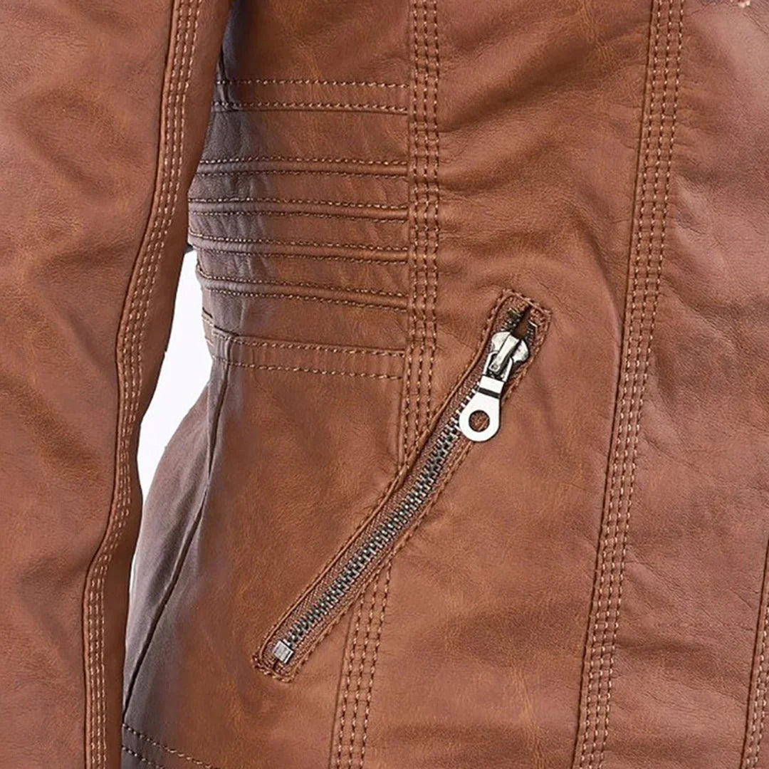 Women's Hooded Leather Jacket in camel – The Rosavie front view 3