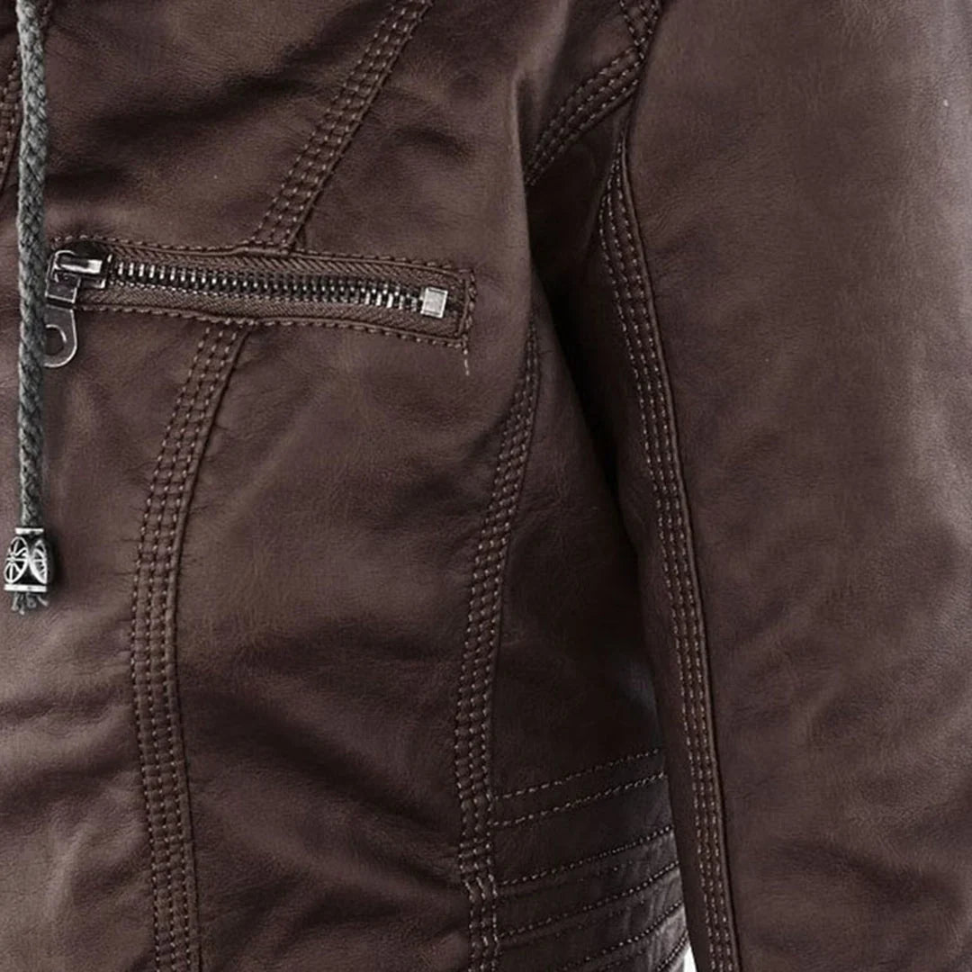 Women's Hooded Leather Jacket in camel – The Rosavie front view 4