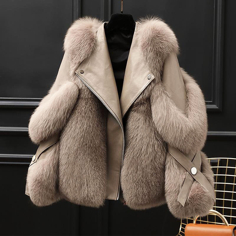 Women's Faux Fur Leather Jacket in light brown – The Aureline front view 1