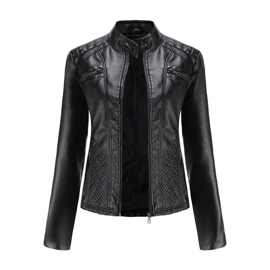 Women's Quilted Moto Jacket in black – The Tavienne side view 1
