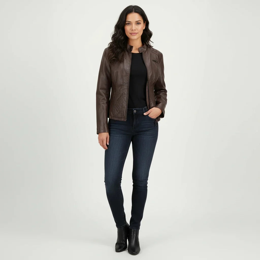 Women's Quilted Moto Jacket in black – The Tavienne front view 2