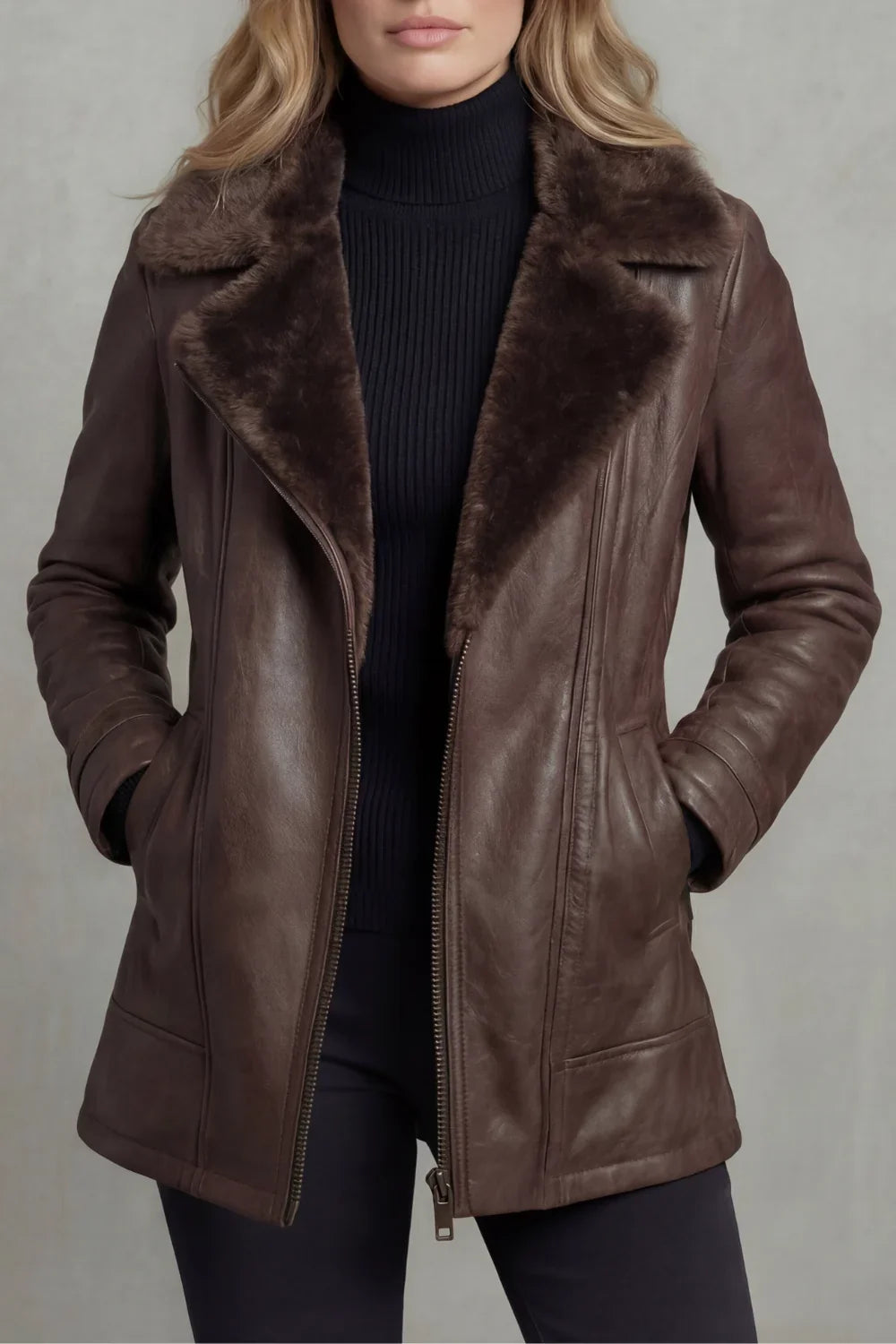 Women's Brown Shearling Jacket in brown – The Sorrelle front view 1