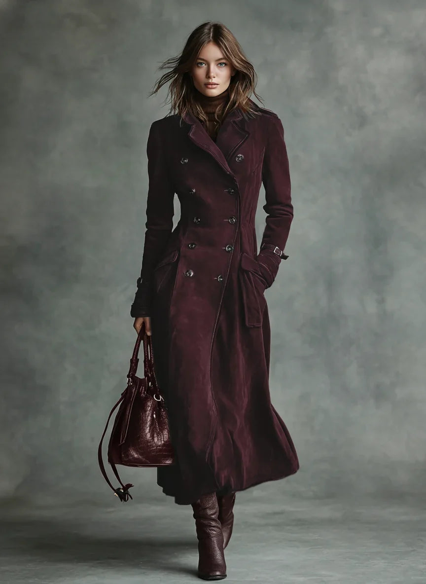 Women's Long Suede Trench Coat in dark brown – The Isavelle side view 2