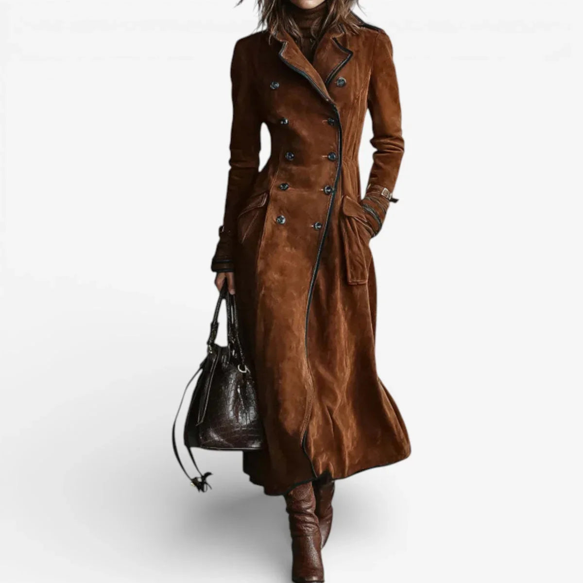 Women's Suede Trench Coat in brown – The Calienne front view 1